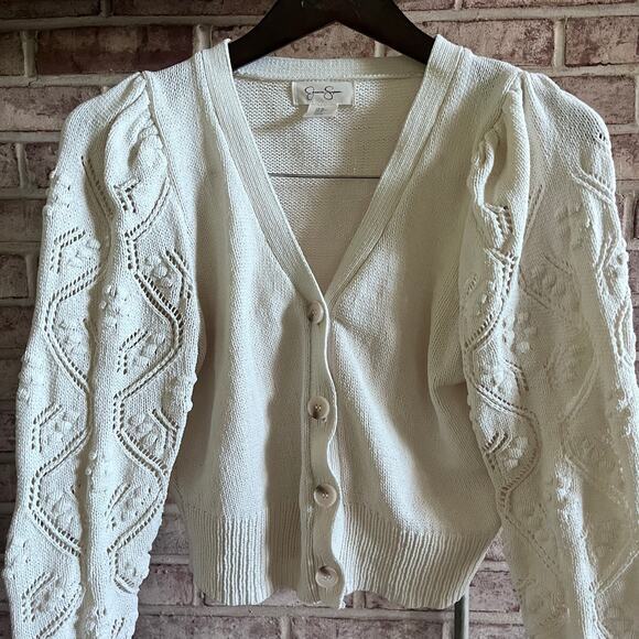 JESSICA SIMPSON‎ Sweater Cardigan Button Crochet Crop Cream Size Medium (K445) - Picture 4 of 8